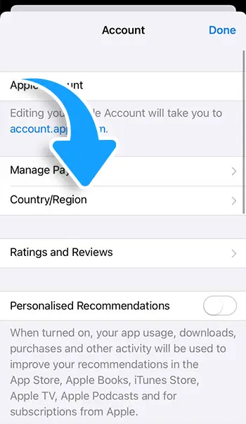 Step 4 - Tap Country/Region then change region